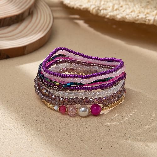 Caiyao Bohemian Multilayer Stackable Seed Beaded Bracelets Colorful Crystal Glass Beads Strand Bangle Bracelet BFF Wristbands Bracelet for Women Summer Beach Hawaii Jewelry Birthday Gifts - color: Purple 2