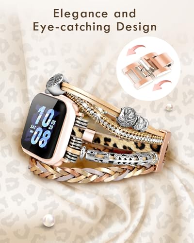 Compatible with Apple Watch Band 40mm for Women, Boho Bracelet for Apple Watch 38mm 41mm, Multilayer Leather Wrap Braided Strap for iWatch Series 11/10(42mm)/9/8/7/6/5/4/3/2/1/SE Leopard khaki - color: A-Leopard khaki, size: 42(series 11/10)/41/40/38mm