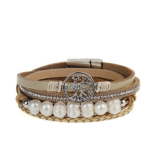GelConnie Leather Cuff Bracelet Baroque Pearl Wrap Bracelet Gorgeous Gold Tube Bangle Boho Bracelet Bohemian Wristband Jewelry Gift for Women Wife - color: Tree Of Life Leather Bracelet