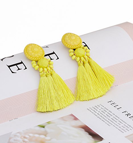 boderier Bohemian Statement Thread Tassel Chandelier Drop Dangle Earrings with Cassandra Button Stud - color: Yellow