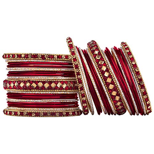 Aheli Ethnic Colorful Metal Bangles Chudha Set Stone Studded Bangle Set Indian Wedding Wear Fashion Jewelry Gift for Women Blue - color: Red