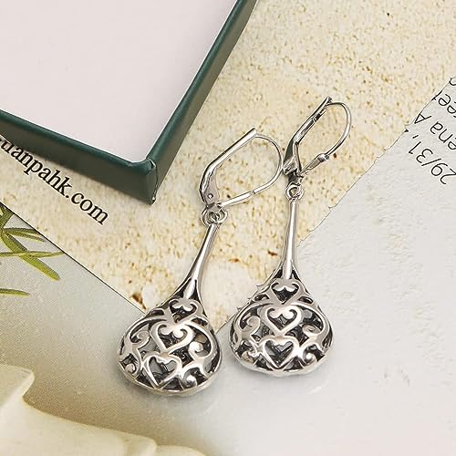 LeCalla 925 Sterling Silver Leverback Drop Earrings | Lightweight Celtic-Knot Filigree Heart Teardrop Dangle Earring for Women's Gift for Her - color: Long Filigree Bali Inspired