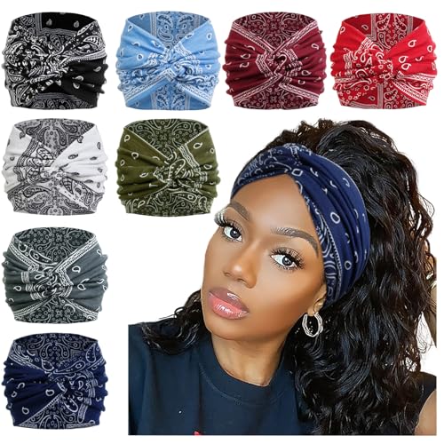 AKTVSHOW 7'' Wide Bandana Headbands for Women, Fashion Paisley Turban Headbands for Thick Hair Non Slip Womens Large Cloth Hairbands Fabric Hair Scarves Headwrap Boho Accessories - color: Bohemian Love
