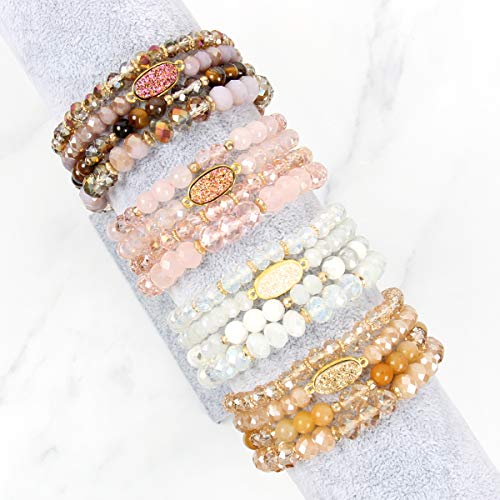 RIAH FASHION Bohemian Acrylic Druzy Multi-Layer Bead Statement Bracelet - Versatile Faux Stone Pendant Stretch Strand Stackable Cuff Bangle Set Sparkly Crystal - color: Oval Acrylic Druzy - Yellow