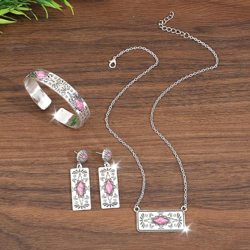 3 Piece Western Boho Pink Stone Jewelry Set for Women Silver Geometric Pendant Necklace Cuff Bracelet and Drop Earrings Bohemian Southwestern Fashion Accessories for Party Festival Everyday Wear Gift for Her