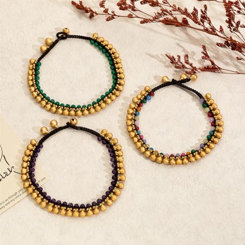 Jingling Round Stone Brass Anklet Bracelet Handmade Boho Ankle Bracelets for Women Minimalist Jewelry - color: purple
