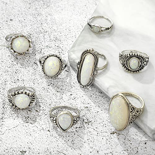 GIGB PBDK Silver Stackable Opal Knuckle Ring Set for Women Lady Boho Vintage Oval Gemstone Ring Geometric Joint Finger Stacking Nail Ring Jewelry