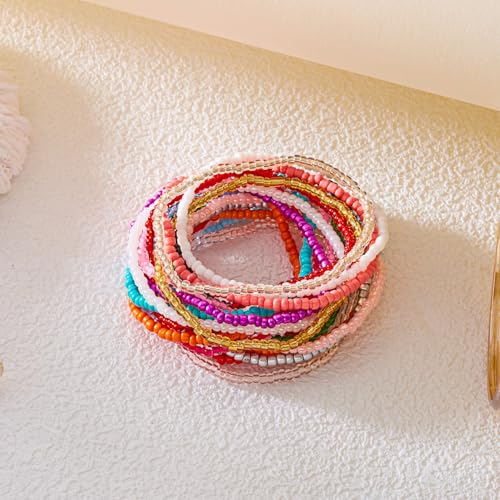 Fuqimanman2020 17Pcs Elastic Beaded Handmade Bracelets Bohemian Stackable Beaded Stretch Bracelets Colorful Rainbow Seed Beach Anket Bracelet Set Summer Jewelry for Women - color: Colorful
