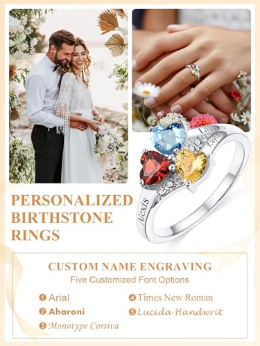 Custom4U Personalized 1-4 Birthstone Rings for Women Promise Rings for Her Sterling Silver Mothers Ring Customized Cubic Zirconia Stones Wedding/Valentine's Day/Mother's Day Jewelry Gift for Mom Wife - color: A-3 Names-Silver