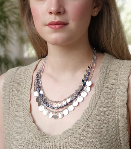 Noessla Layered Beaded Chunky Necklace for Women Boho Two-color Shell Statement Necklace Fashion Collar Costume Jewelry Gifts for Mum - color: 94-Navy Blue