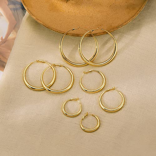 EXGOX Sterling Silver Hoop Earrings - Hypoallergenic, Lightweight, Chunky, 14K Real Gold Plated, Big Large Hoops for Women - color: 40/50/60mmGold