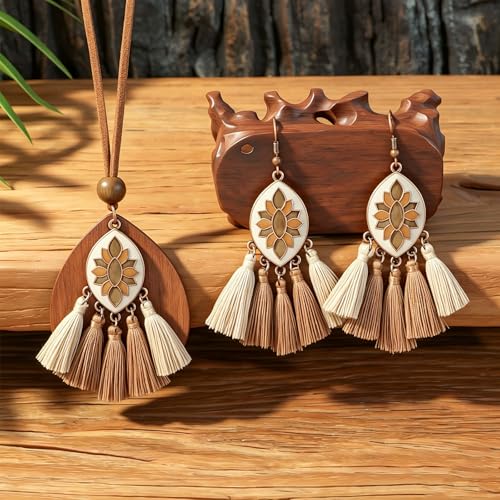 Wooden Leather Necklaces Set Bohemian Wood Stack Discs Long Chain Hemp Rope Bronze Plated Pendant Ethnic Tribal Fall Leaf Earrings Jewelry Statement Necklace - color: R-049