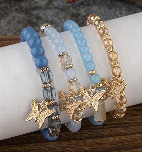 Fuqimanman2020 Boho 4pcs Butterfly Charm Gold Beaded Stackable Stretch Bracelet Set Crystal Butterfly Colorful Elastic Bracelets - color: Blue