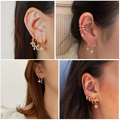 MILACOLATO 925 Sterling Silver Hoop Earrings for Women 18K Gold/Rhodium Plated Drop Dangle Hoop Earrings with Charms Cross Spike Moon Star Paperclip Link Statement Earrings Convertible Link Huggie Earrings Hypoallergenic - color: Silver Tone : Moon Star E