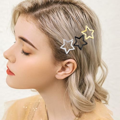 Star Hair Clips 2000s Y2K Snap Hair Barrettes Non Slip Star Hair Accessories Black Gold Silver Metal Hair Clips for Girls Women -30 PCS 1.18" - color: 30 P -1.18"-black,gold,silver
