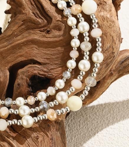 Noessla Beaded Statement Necklaces for Women Layered Chunky Bead Necklace Fashion Costume Jewelry Gifts for Mom - color: Beige