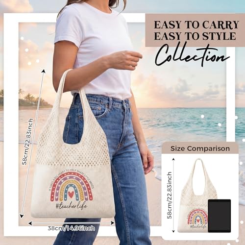 Shinylin Personalized Crochet Tote Bag for Beach Women Beige Mesh Knit Shoulder Bag Boho Aesthetic Tote for Women - style: Teacher Rainbow