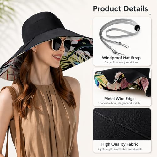 HUAMULAN Women Summer Sun Hat Wide Brim Wired Edge Floral Beach Bucket Hats Reversible Foldable Travel UV Protection Lady Hat - color: Bg8240-black