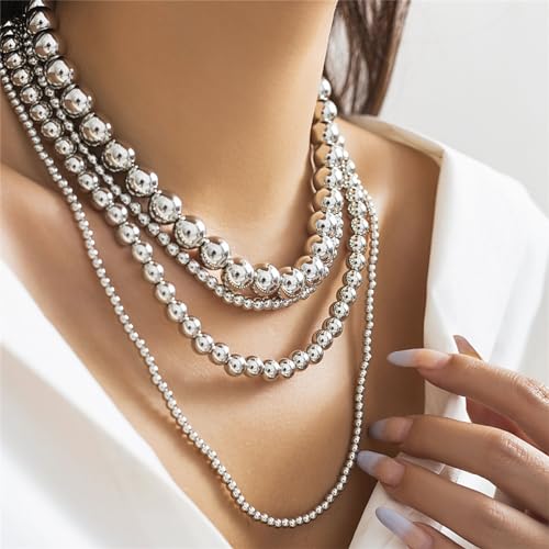 YBMYCM Layered Gold Chunky Necklaces Multi Strand Bead Necklace Wedding Bridesmaid Necklace Jewelry For Women - style: 4PCS Silver Chain