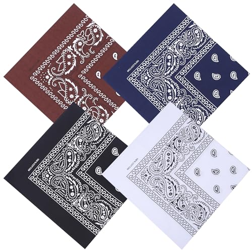 Mochabao 100% Cotton 27" x 27" Large Bandanas for Men & Women, Multi-Purpose Bandana Headbands, Square Head Scarf - color: White/Black/Navy Blue/Brown
