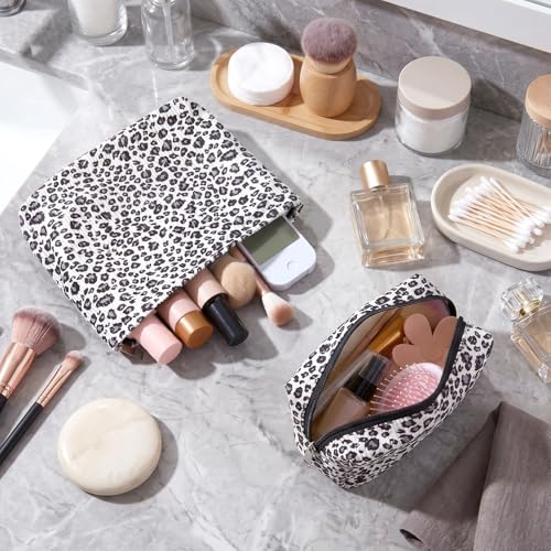 Aliceset 2 Pcs Leopard Makeup Bag Cosmetic Pouch Set Large Travel Toiletry Bag Aesthetic Cotton Zipper Organizer for Women Gift Beauty Essentials(Black Leopard)