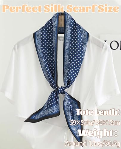 kcctoo 59” Long Silk Like Head Scarf Women's Fashion Square Neck Satin Scarfs for Bag Hair Scarves Gift 59 * 5.9” - color: R1 Blue Wave Dot 59" X 5.9"