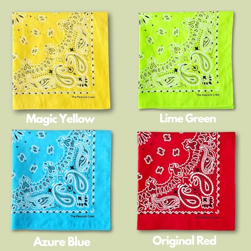 The Peacock Crew Premium Soft Cotton Bandanas Pack for Men and Women Paisley 22 x 22 inches - color: Pack of 4 Red Yellow Limegreen Azur