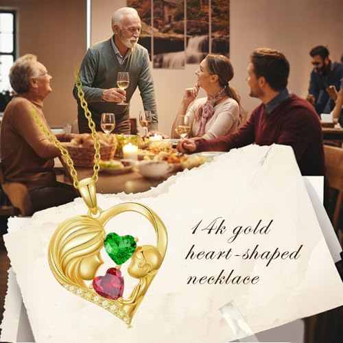 Mothers Day Gifts 14K Yellow Gold Mother Daughter Heart Pendant Necklace with 12 Months Birthstone Birthday Gifts for Mom Anniversarry Jewelry for Mom Wife Girlfriend - color: 01-05-Jan-May Birthstone