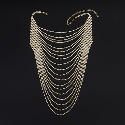 Wiwpar Full Rhinestone Body Chain Crystal Crossover Bra Body Chain Necklace Boho Multilay Costume Chest Chain Beach Sexy Bikini Nightclub Body Chain Party Rave Accessories for Women - color: Gold