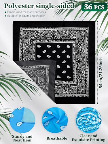 Unittype 36 Pieces Paisley Bandana Cowboy Bandanas Sports Novelty Headband Square Scarf Outdoor for Western Party Costume - color: Lake Blue,light Green Beige,black, style: Simple Style