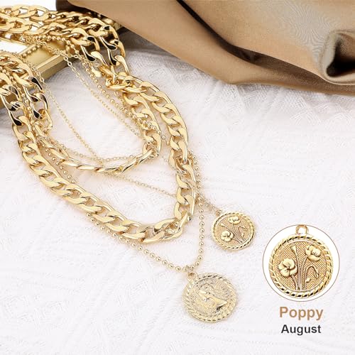 MJartoria Gold Layered Necklaces for Women Trendy Retro Birthflower Coin Pendant Necklace Dainty Chunky Chain Choker Necklaces for Jewelry Birthday Gifts - color: Golden, style: August Birthflower