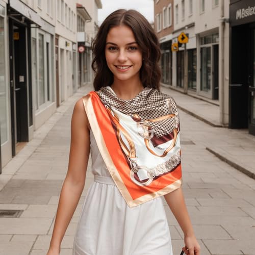 RIIQIICHY Head Scarf for Women Like Silk Scarf Hair Scarf Printed Square Scarf Bandanas for Women 35 Inches - color: Camel/Orange/Brown