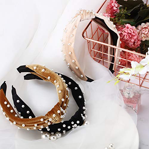 WILLBOND 3 Pieces Pearls Headband Knotted Headband for Women Velvet Pearls Hairband for Woman Hair Accessories - color: Black, Gold, Beige