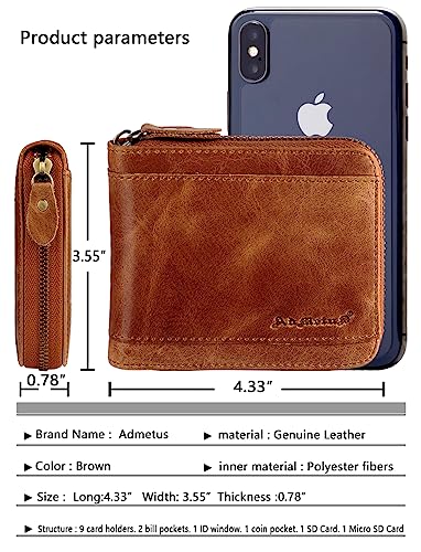 Admetus Mens RFID Blocking Wallets Zipper Leather Wallet for Men Bifold RFID Card Holder - color: Brown665