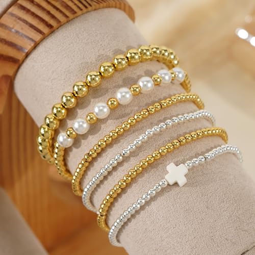 Silver Gold Beaded Bracelets for Women Stackable 14K Gold Plated Beads Ball Cross Bracelet Stack Non Tarnish Elastic Stretch Trendy Jewelry Christian Friendship Christmas Gifts for Women - color: 6pcs-White Cross