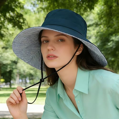 Sun Hats for Women Wide Brim Foldable Beach Hat UV UPF50+ Summer Sun Protection Bucket Hat for Outdoor, Gardening, Travel - color: Navy Blue