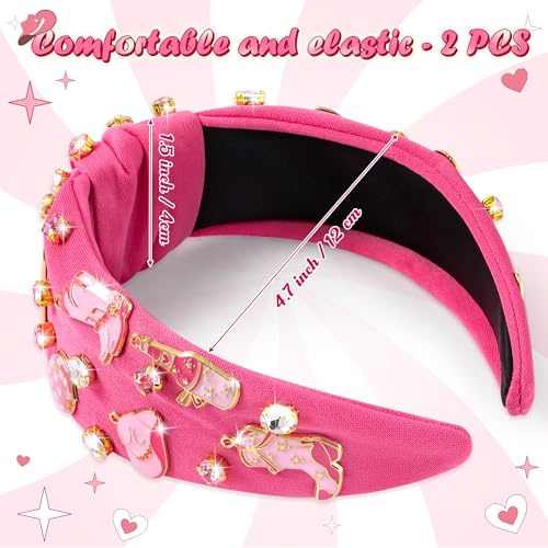 PANTIDE 2Pcs Western Jeweled Knotted Headband - Cowgirl boots Hat Rhinestone Crystal Embellished Headband Wide Top Knot Hairband Hair Accessories Birthday Gift for Cowboy Women Girls (Hot Pink) - color: Hot Pink Western 2Pcs