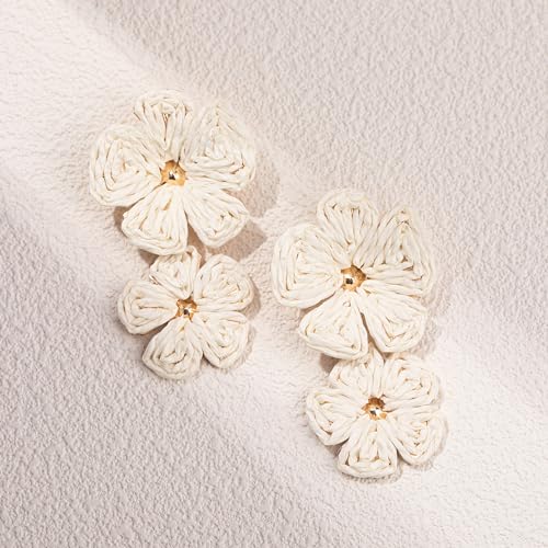 Boho Flower Earrings Statement Raffia Dangle Earrings Cute Floral Jewelry Trendy Summer Beach Vacation Outfits for Women - color: Ivory