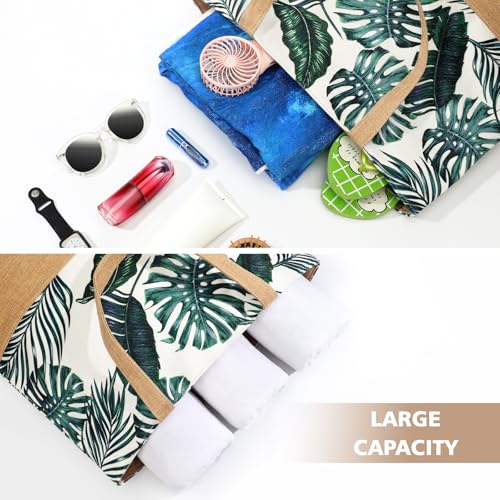 Trifabricy Beach Bag for Women, Large Beach Tote Bags with Zipper, Woven Straw Tote Waterproof, Swim Gym Shopping Travel Bag - color: Navy Leaves