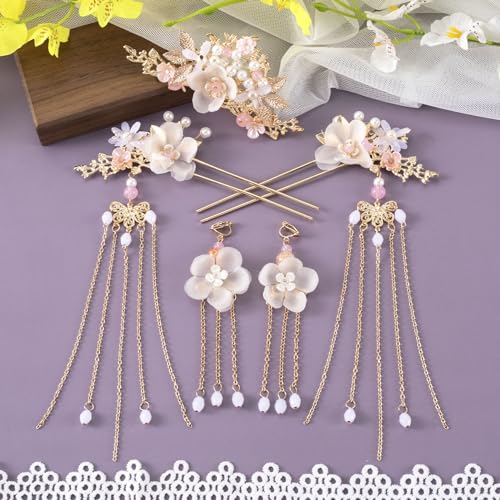HINZIC 5PCS Silk Flower Tassels Hairpin, Crystal Rhinestone Pearl Hair Clips Headpiece Retro Flower Chinese Hanfu Wedding Brides Hair Accessories Jewelry for Women Girls Updo Long Hair - color: Pink-3pcs