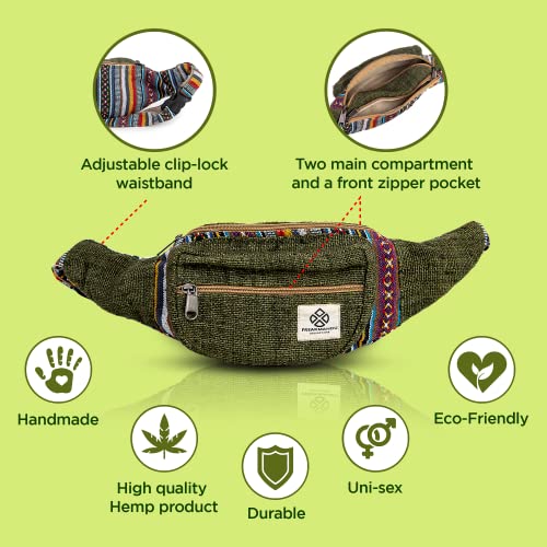 Freakmandu Eco-Friendly Green Boho Hippie Style Hemp Fanny Pack Cross Body Hip Waist Bag for Hiking Running Jogging (Safari) - color: Safari
