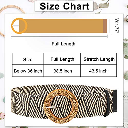 2 Pieces Women Straw Woven Elastic Stretch Waist Belt Skinny Dress Braided Waist Belt with Wooden Style Buckle - color: Black and Stripe Color