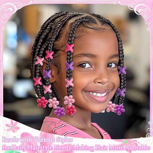 NAISKA 60Pcs Hot Pink Flower Hair Beads for Kids Purple Beads for Hair 3 Color Hair Beads for Braids Small Pony Dreadlock Beads Acrylic Beads Girls Braid Clips Accessories - color: Purple, Pink, Rose Red