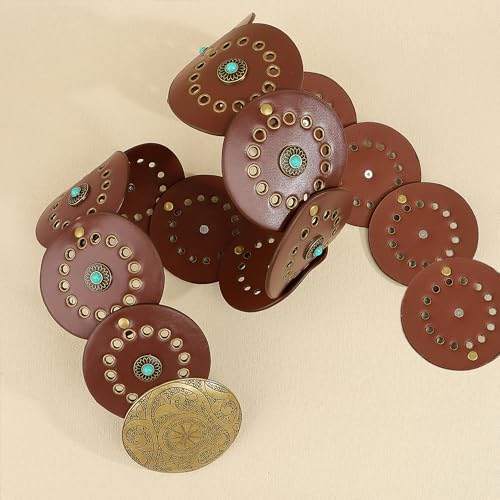 Western Chunky Wide Disc Belt for Women Boho Hollow PU Leather Waist Cowgirl Belt for Dresses Jeans with Metal Buckle - color: Brown Turquoise