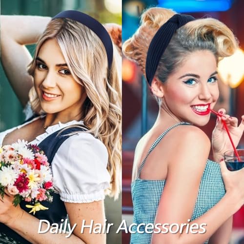 VELSCRUN Headbands for Women 7 Pcs Different Navy Blue Knotted Solid Pearl Head Bands Non Slip Hair Band for Womens Gilrs Thin Thick Short Hair Fashion Accessories - color: Dark Blue