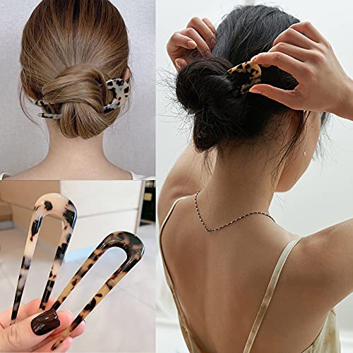 4 Pack U Shaped Hair Pins for Buns, French Pin Hair Fork Sticks for Long Hair, 2 Prong Hair Stick for Women and Girls(Light&Dark Brown)