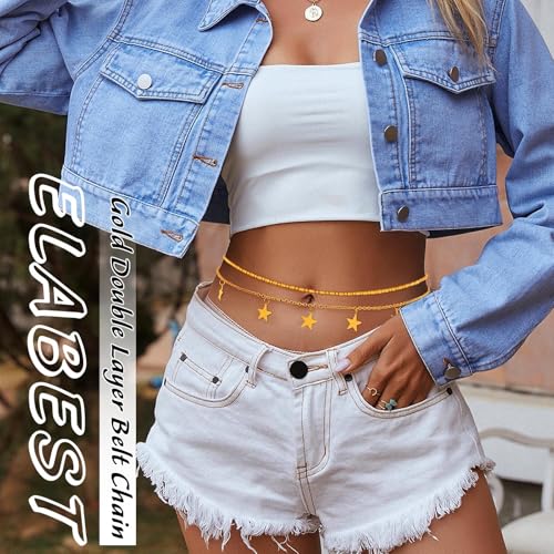 ELABEST Layered Gold Belly Chain 14K Plated Waist Chian Adjustable Sexy Waist Jewelry for Women - size: L(37inch+9.8inch), style: C