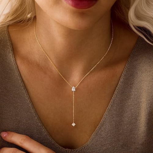 Gold Necklace for Women - Dainty Long Lariat Necklace 14K Gold Plated Clover Star Teardrop CZ Y Shaped Drop Necklaces Cute Long Necklaces for Women Trendy Prom Formal Womens Jewelry - color: Gold-LX Drop