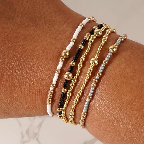 14K Gold Plated Beaded Bracelets Stack Set for Women,Stretch Boho Colorful Beads Ball Jewelry Friendship Summer Trendy - color: White ball