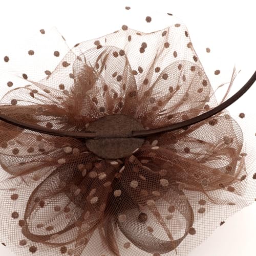 DRESHOW Fascinators Hat Flower Mesh Ribbons Feathers on a Headband and a Clip Tea Party Headwear for Girls and Women - color: 7" Diameter / Brown